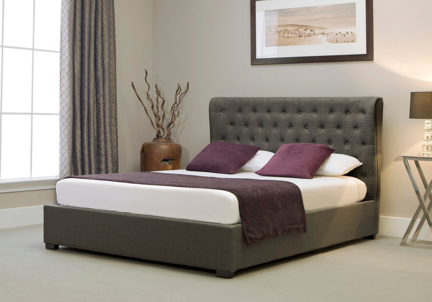 Emporia Kensington 4ft6 Double Grey Linen Wing Fabric Ottoman Bed