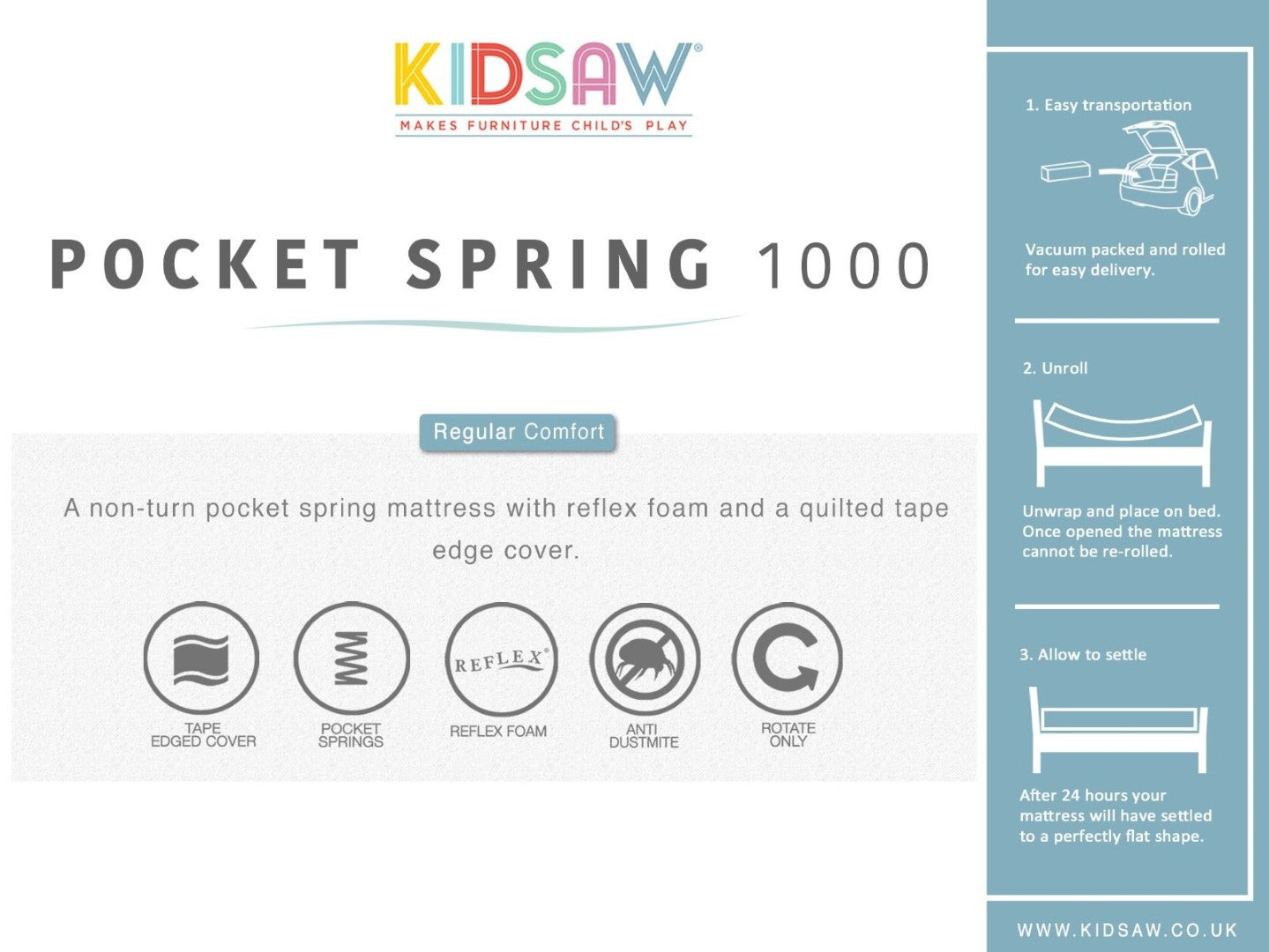 Kidsaw 3ft Single 1000 Pocket Sprung Mattress