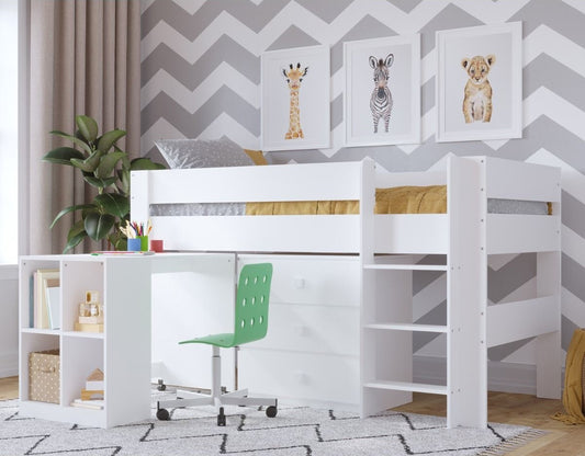 Kidsaw Kudl White Childrens Mid Sleeper with Desk Cupboard