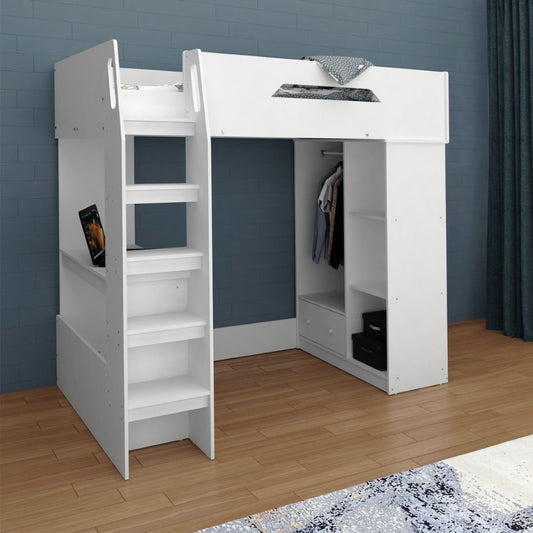 Kudl White High Sleeper 3ft Single Bed Frame with Desk, Storage and Hanging Area