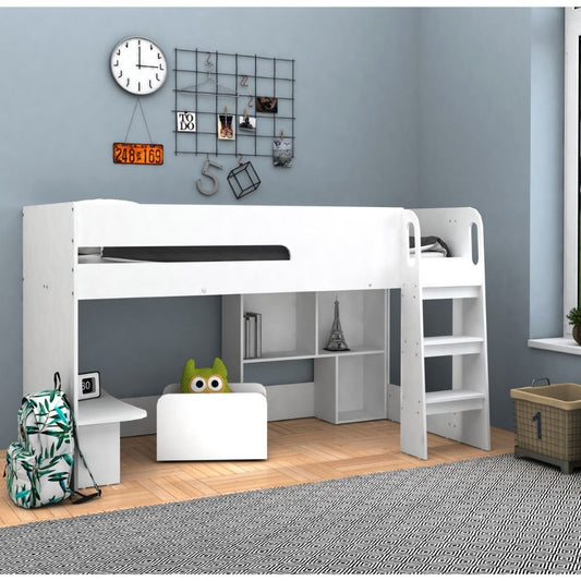 Kidsaw Kudl White Mid Sleeper with Desk Bookcase Toybox