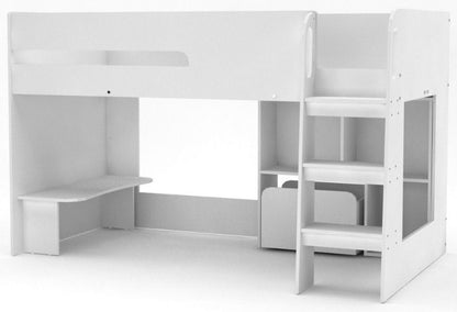 Kidsaw Kudl White Mid Sleeper with Desk Bookcase Toybox