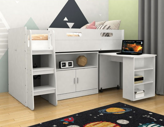 Kidsaw Kudl White Storage Mid Sleeper with Desk and Cupboard