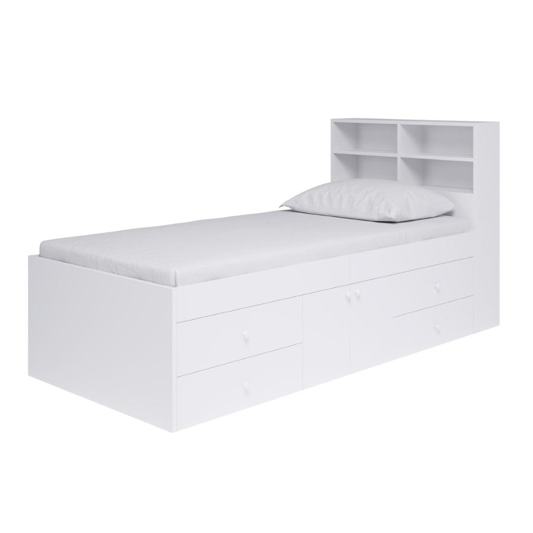 Kidsaw White Multi Drawer 3ft Single Cabin Bed with Bookcase Headboard