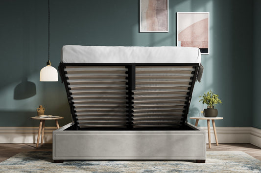 Emporia Knightsbridge 5ft Kingsize Light Grey Velvet Ottoman Bed Frame