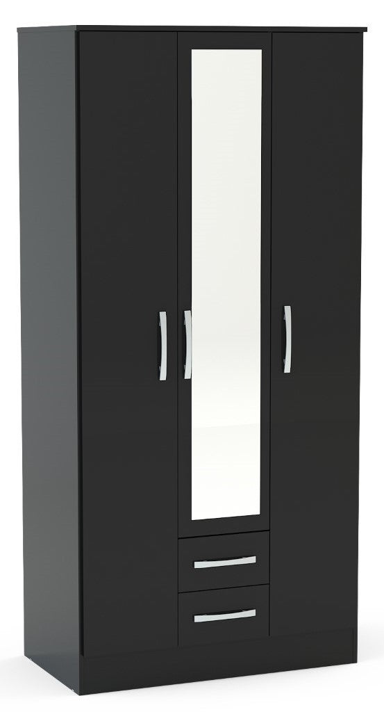 Birlea Lynx Black 3 Door 2 Drawer Wardrobe With Mirror