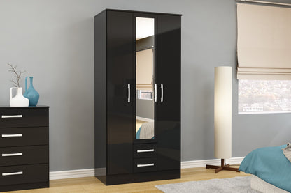 Birlea Lynx Black 3 Door 2 Drawer Wardrobe With Mirror