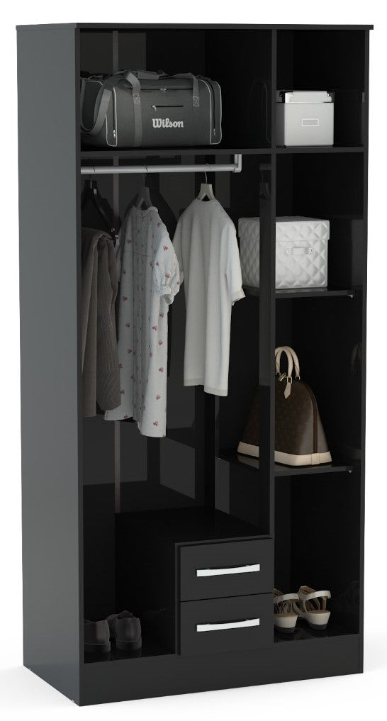 Birlea Lynx Black 3 Door 2 Drawer Wardrobe With Mirror