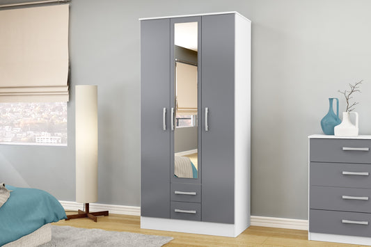 Birlea Lynx White & Grey 3 Door 2 Drawer Wardrobe With Mirror