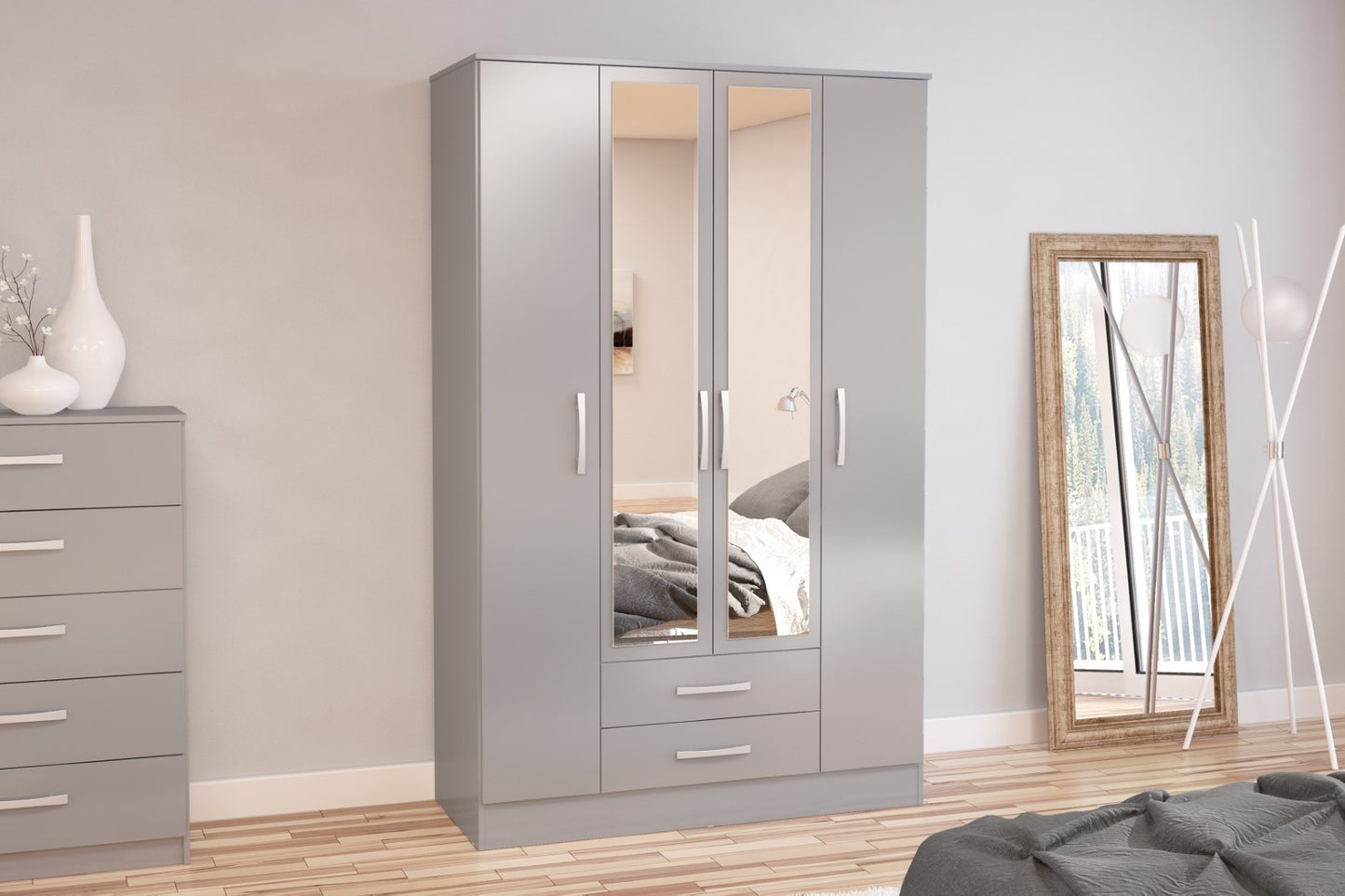 Birlea Lynx Grey 4 Door 2 Drawer Wardrobe With Mirror