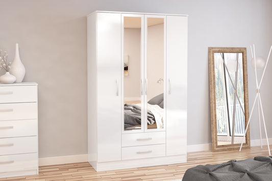 Birlea Lynx White 4 Door 2 Drawer Wardrobe With Mirror