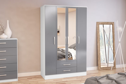 Birlea Lynx White & Grey 4 Door 2 Drawer Wardrobe With Mirror