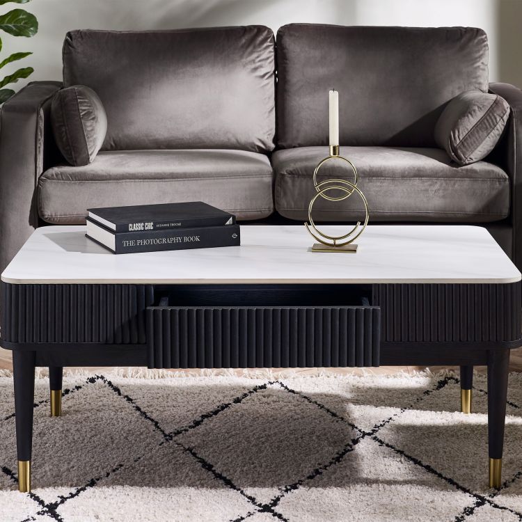 Louis Black Fluted Stone Top Coffee Table With 2  Drawers