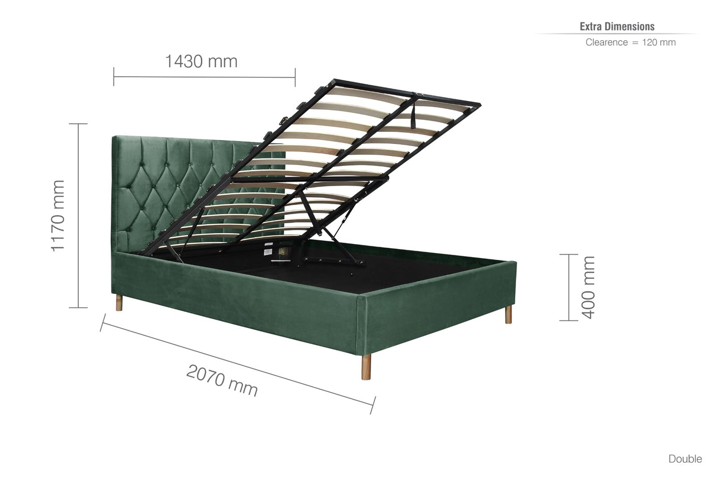 Birlea Loxley 4ft6 Double Green Fabric Ottoman Bed Frame