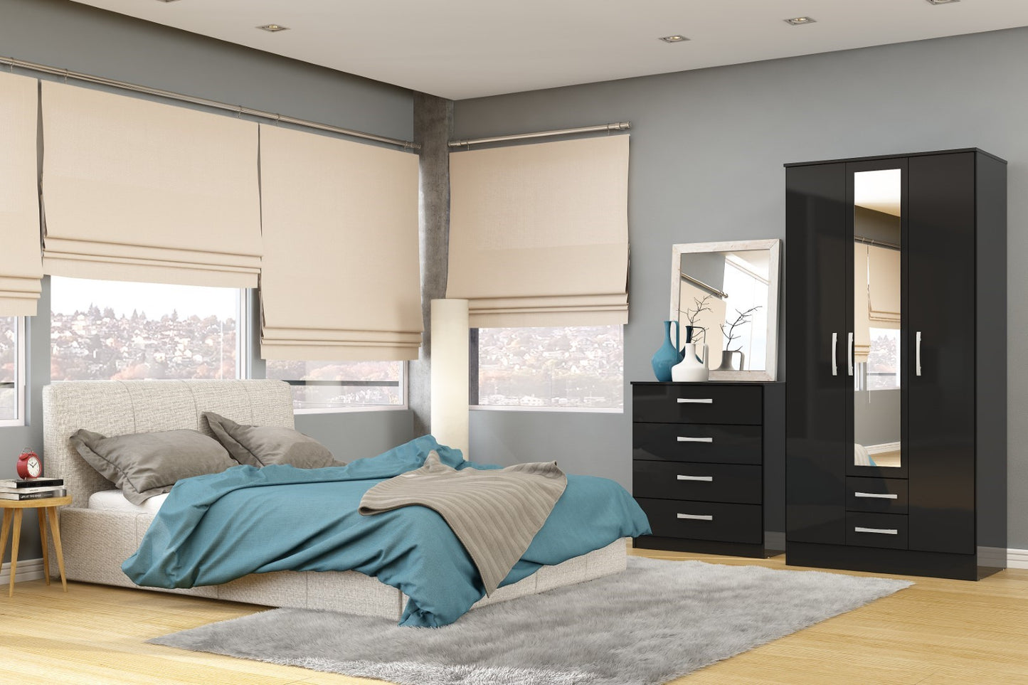 Birlea Lynx Black 3 Door 2 Drawer Wardrobe With Mirror