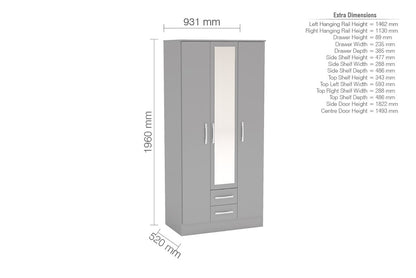 Birlea Lynx Grey 3 Door 2 Drawer Wardrobe With Mirror