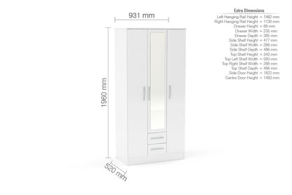 Birlea Lynx White 3 Door 2 Drawer Wardrobe With Mirror