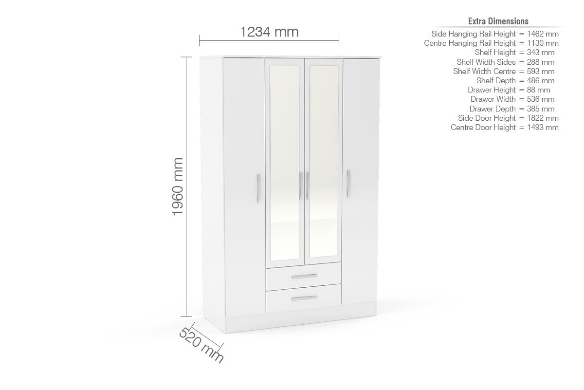 Birlea Lynx White 4 Door 2 Drawer Wardrobe With Mirror