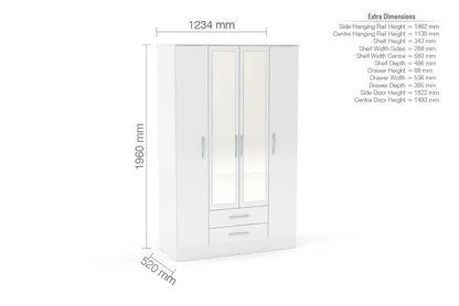 Birlea Lynx White 4 Door 2 Drawer Wardrobe With Mirror