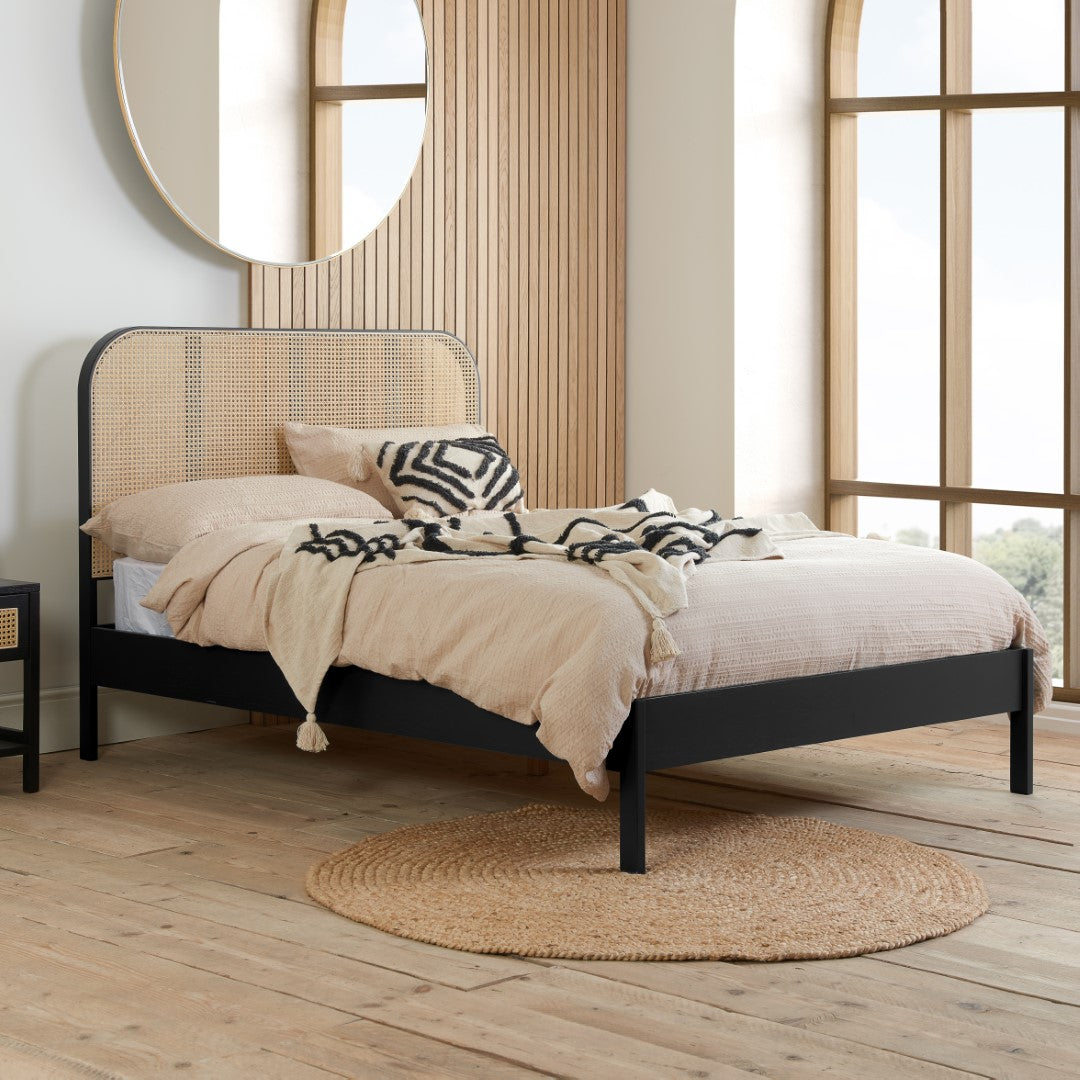 Birlea Margot 4ft6 Double Black & Oak Rattan Bed Frame