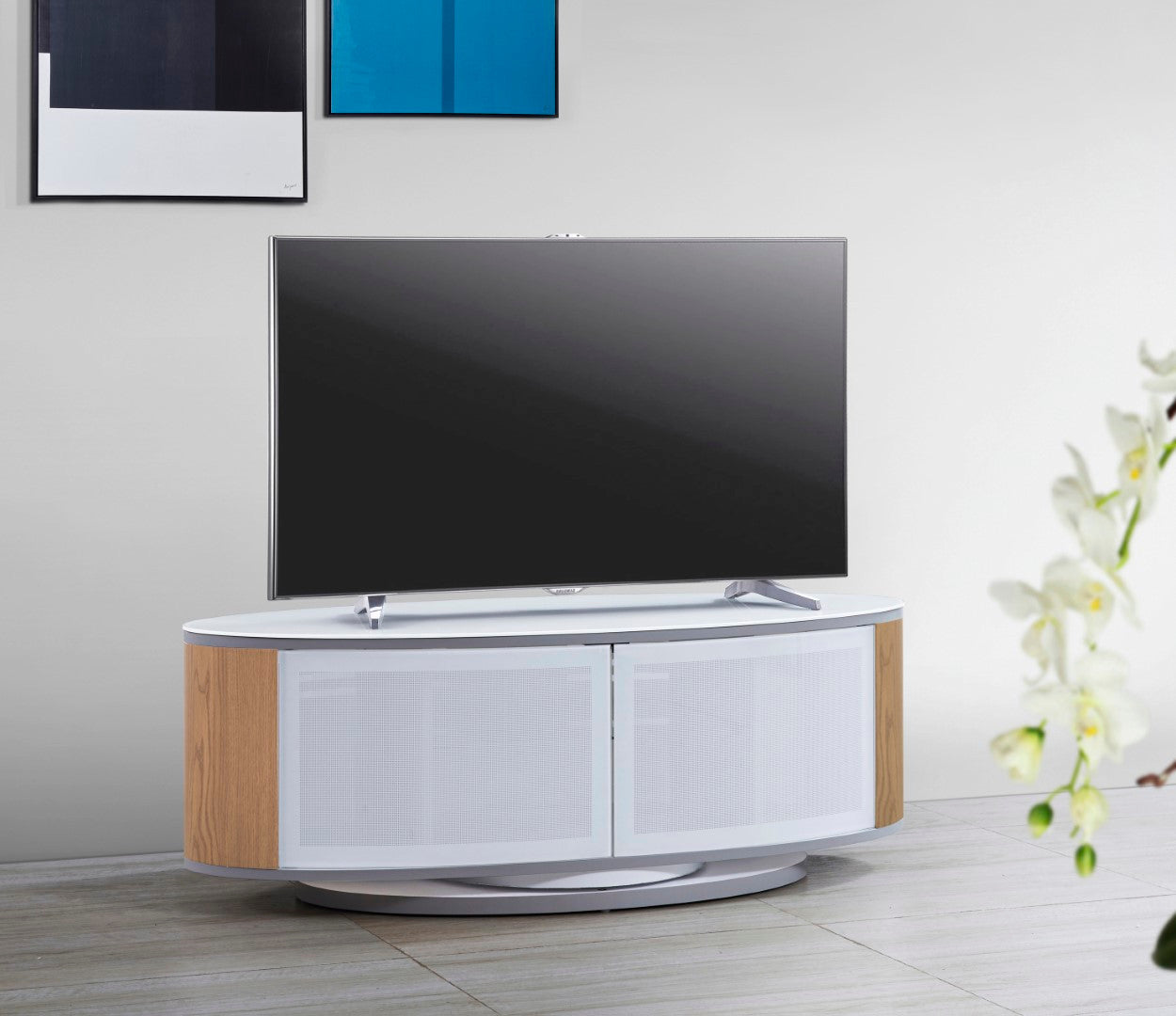 high gloss finish oval TV unit  for TVs up to 50 inches in white/oak