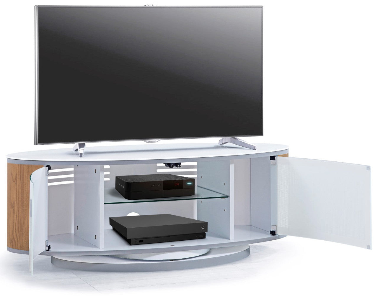 White/oak oval TV stand for living room