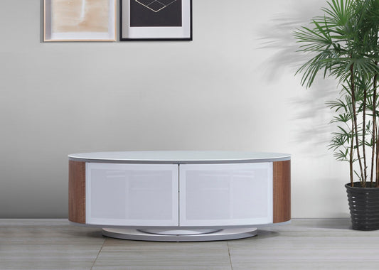 Luna white walnut oval tv stand