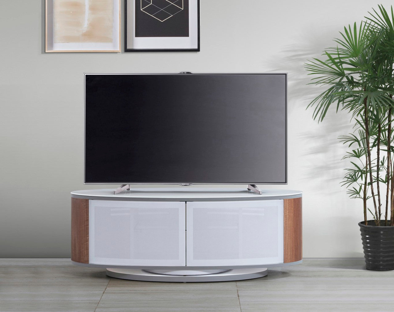 Luna white walnut oval tv stand for tvs up to 50 inches