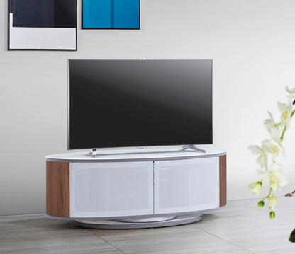 MDA Designs Luna white walnut oval tv stand for tvs up to 50 inches