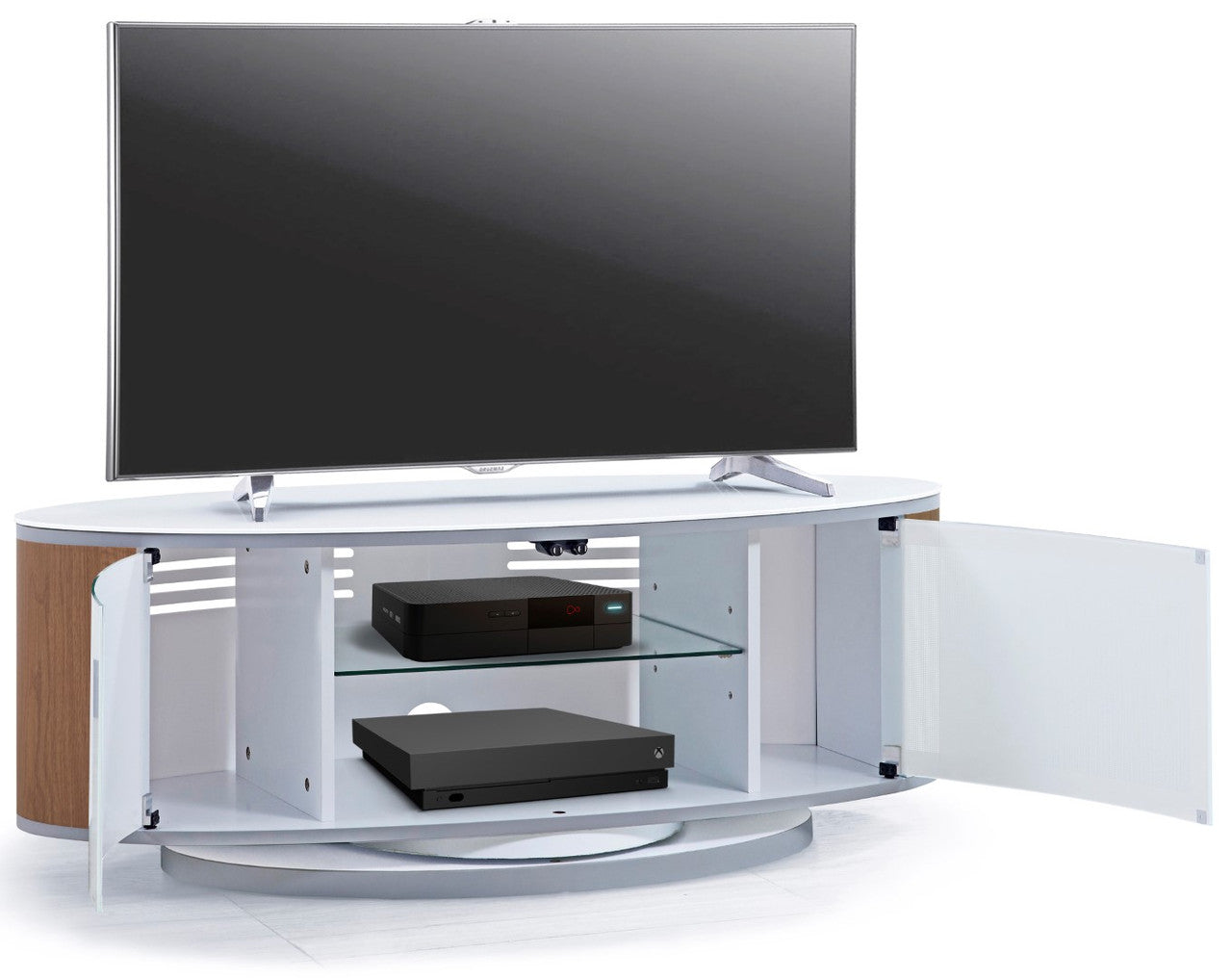 with storage Luna white walnut oval tv stand for tvs up to 50 inches