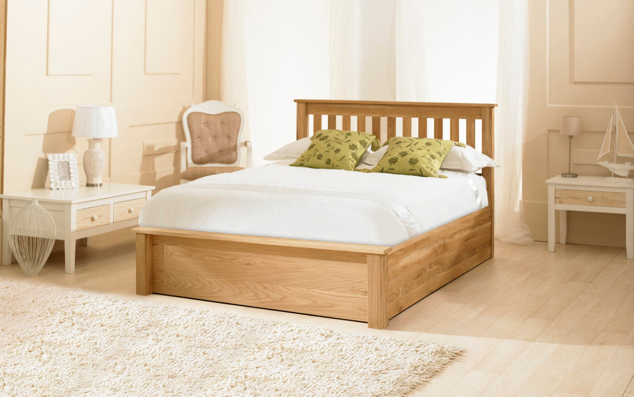 Monaco 4ft6 Double Solid Oak Ottoman Slat Headboard Design Bed Gas Lift Frame Emporia