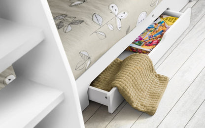 Orion white bunk bed frame styled in a children’s bedroom with books and toys on built-in shelves