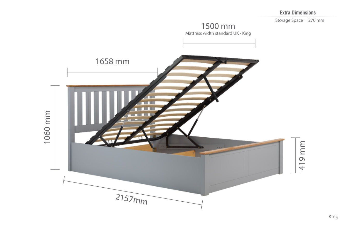 Birlea Phoenix 5ft Kingsize Stone Grey Ottoman Bed Frame