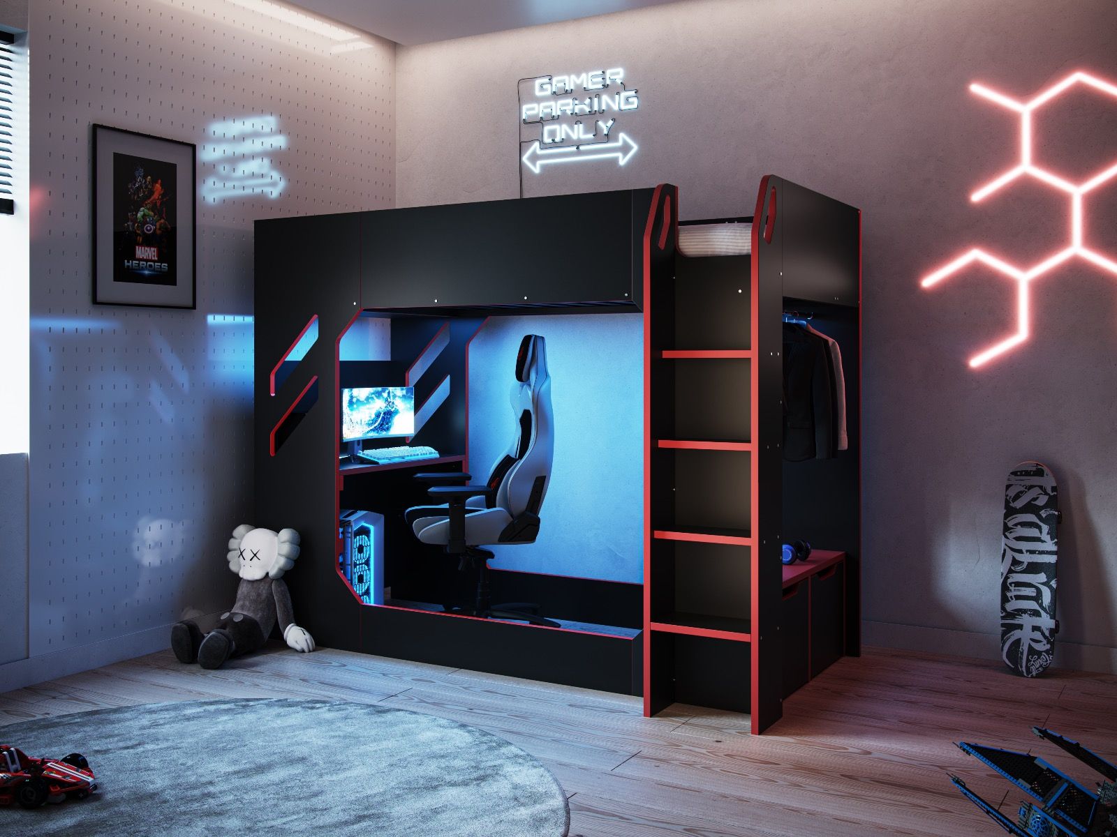 Recoil Shuttle Single LED Gaming High Sleeper Black & Red