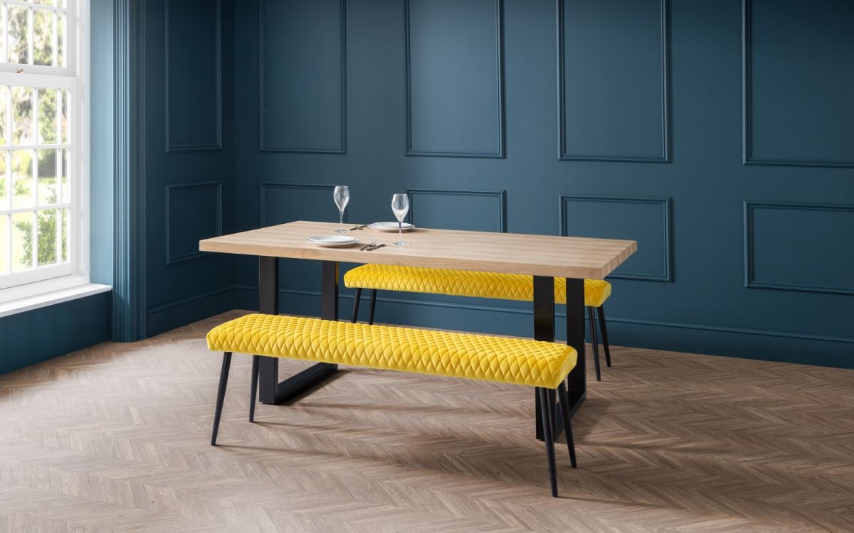 Set Of Berwick Table & 2 Luxe Low Benches Mustard