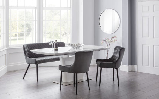 Set Of Como Table & 2 Luxe Grey Chairs & Luxe High Bench