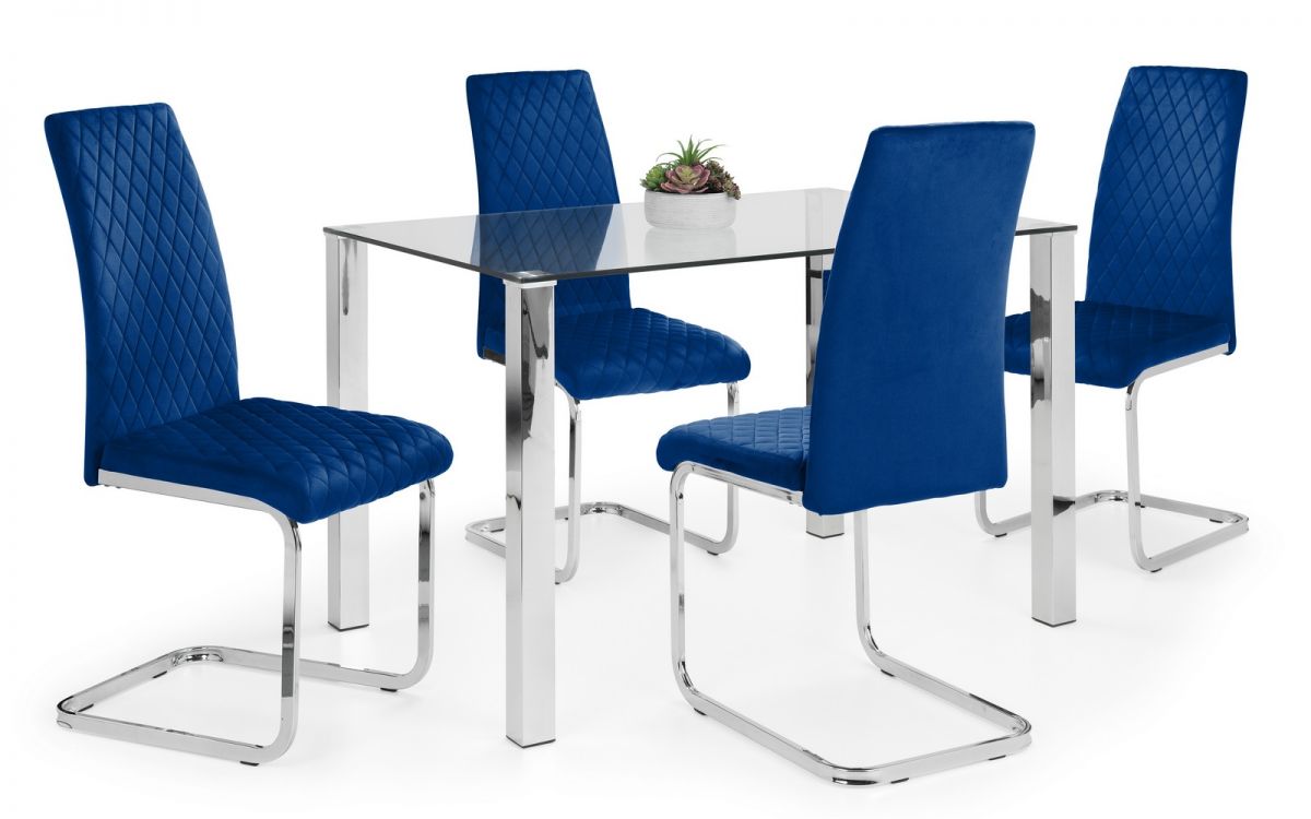 Set Of Enzo Table And 4 Calabria Velvet Blue Chairs