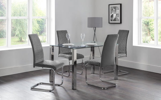 Set Of Enzo Table And 4 Calabria Velvet Grey Chairs