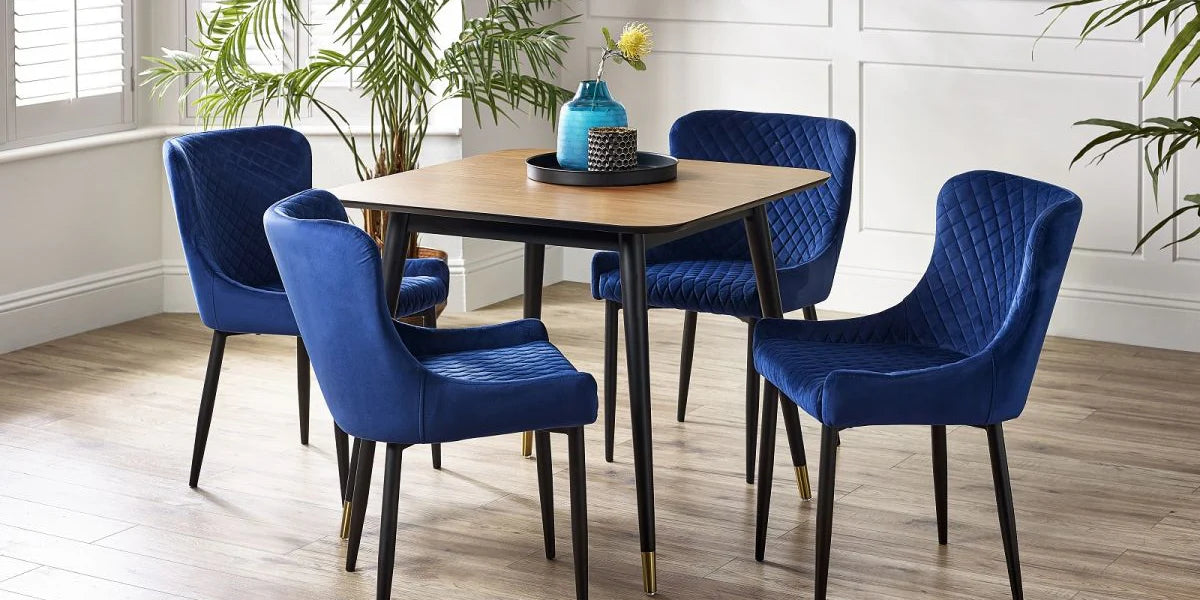 Set Of Findlay Square Dining Table & 4 Luxe Blue Chairs