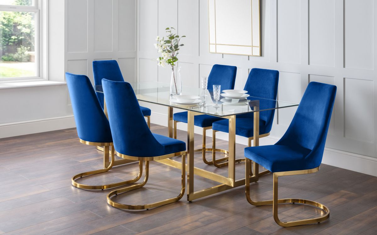 Set Of Minori Dining Table & 6 Vittoria Blue Chairs