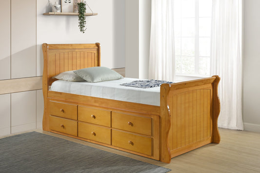Solid oak single captain storage bed frame with pull out guest trundle