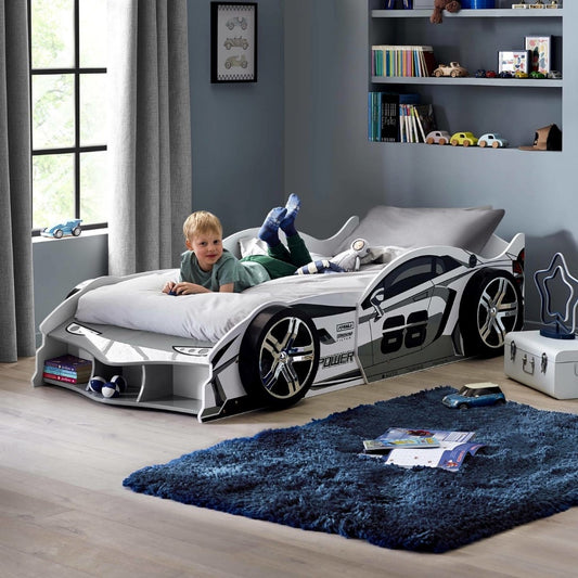 Julian Bowen Storm White and Grey High Gloss 90cm Single Race Car Bed