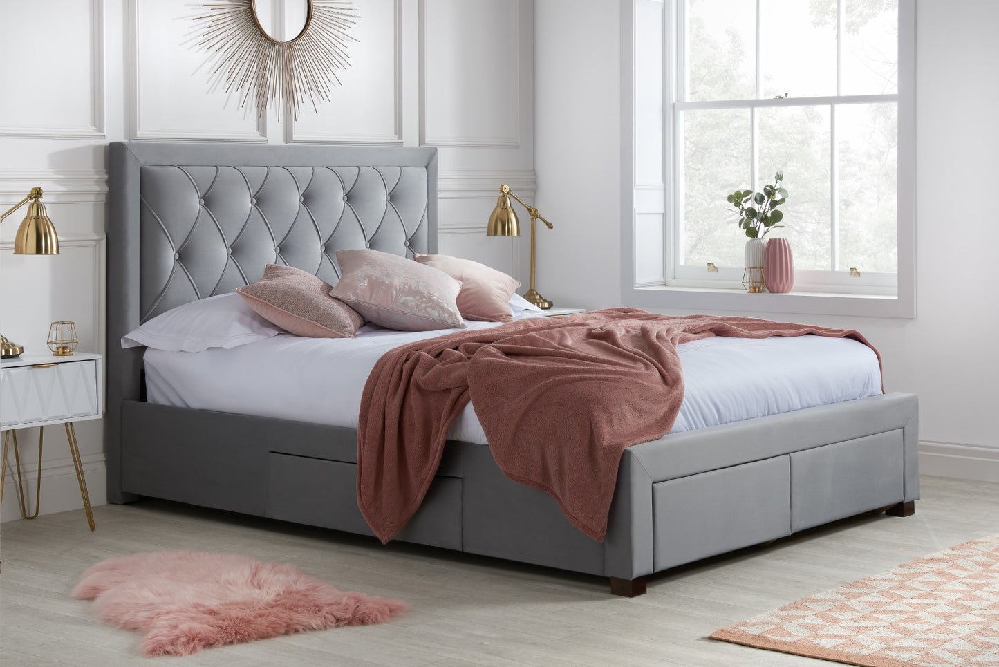 Birlea Woodbury 4ft6 Double Grey Fabric Bed Frame with Drawers