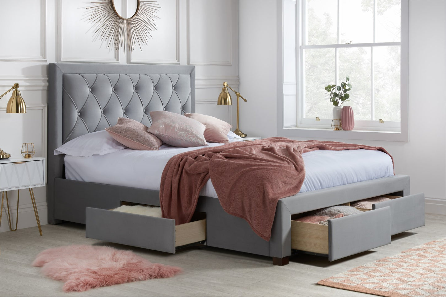 Birlea Woodbury 4ft6 Double Grey Fabric Bed Frame with Drawers