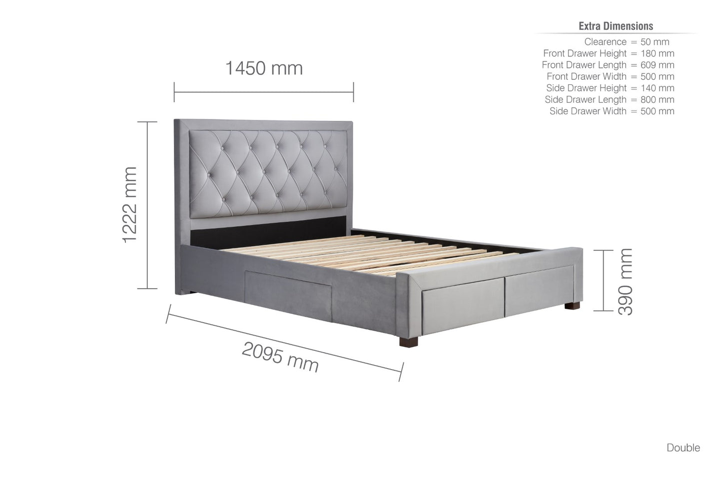 Birlea Woodbury 4ft6 Double Grey Fabric Bed Frame with Drawers