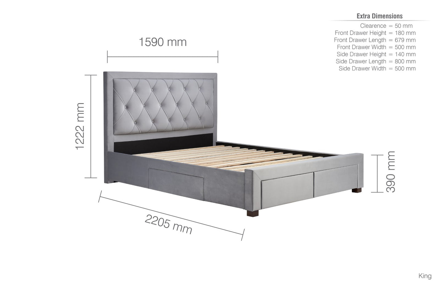 Birlea Woodbury 5ft Kingsize Grey Fabric Bed Frame with Drawers