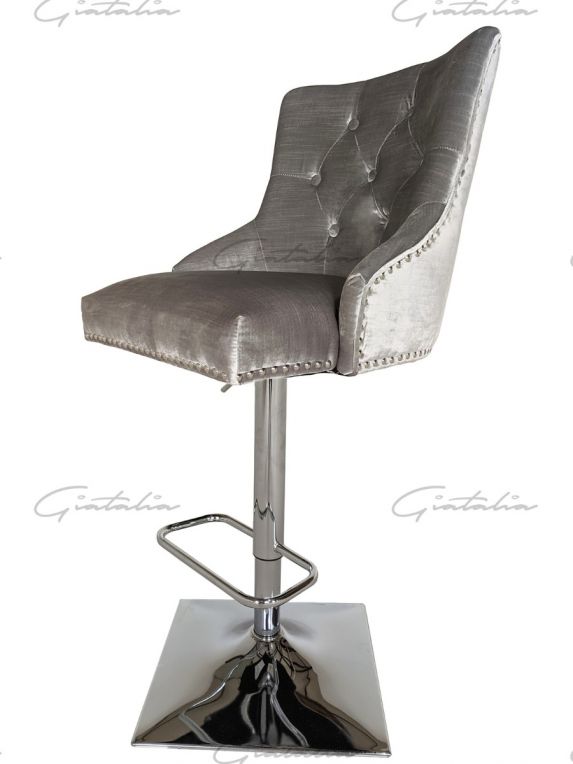 Knightsbridge Light Grey Velvet Barstool - Diamond Tufted Back & Round Knocker