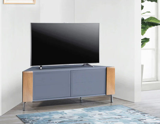 Gloss grey CORVUS corner TV stand with oak side panels styled in a modern living room