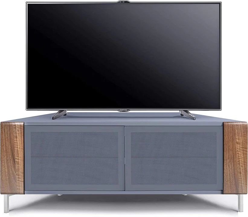 Front view of CORVUS gloss grey walnut TV stand suitable for flat screen TVs up to 50 inch