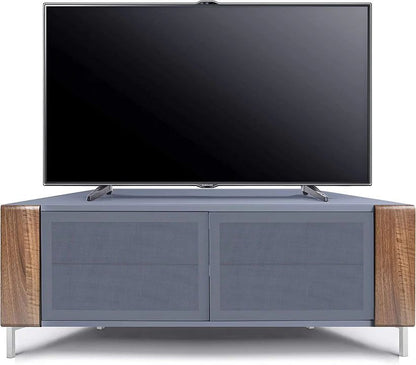 Front view of CORVUS gloss grey walnut TV stand suitable for flat screen TVs up to 50 inch